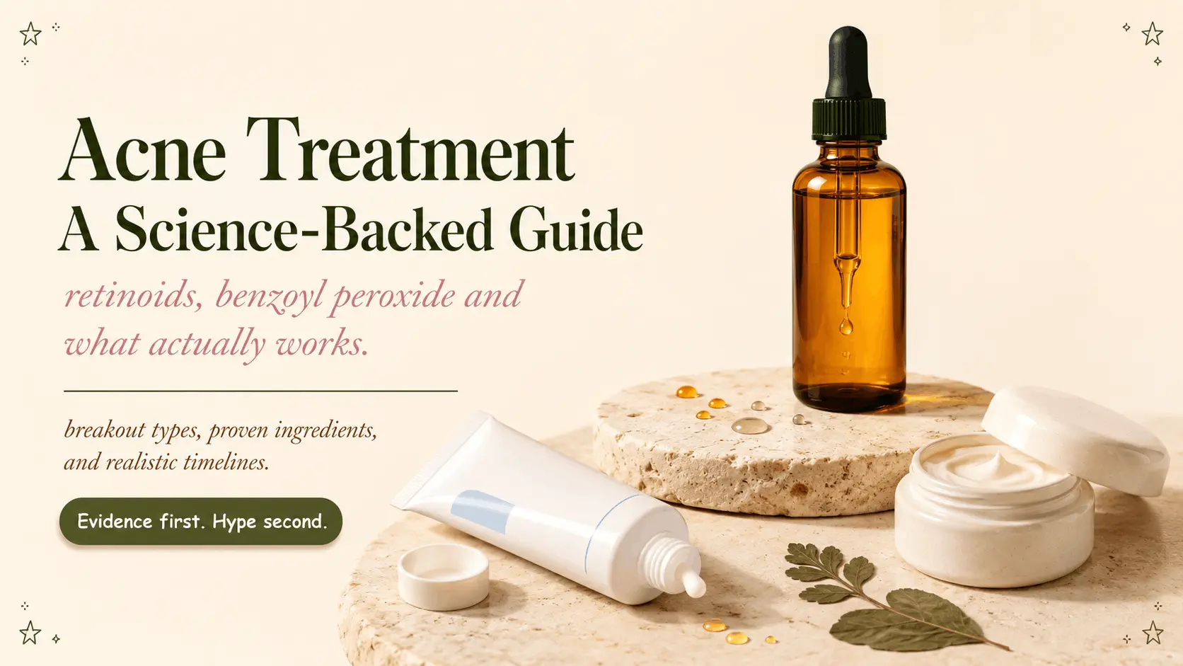 Editorial illustration of three acne skincare products on a warm cream background