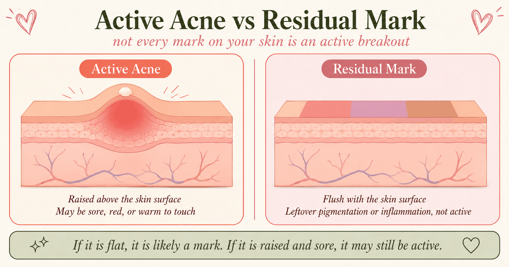 Comparison of an active acne bump and a flat residual acne mark