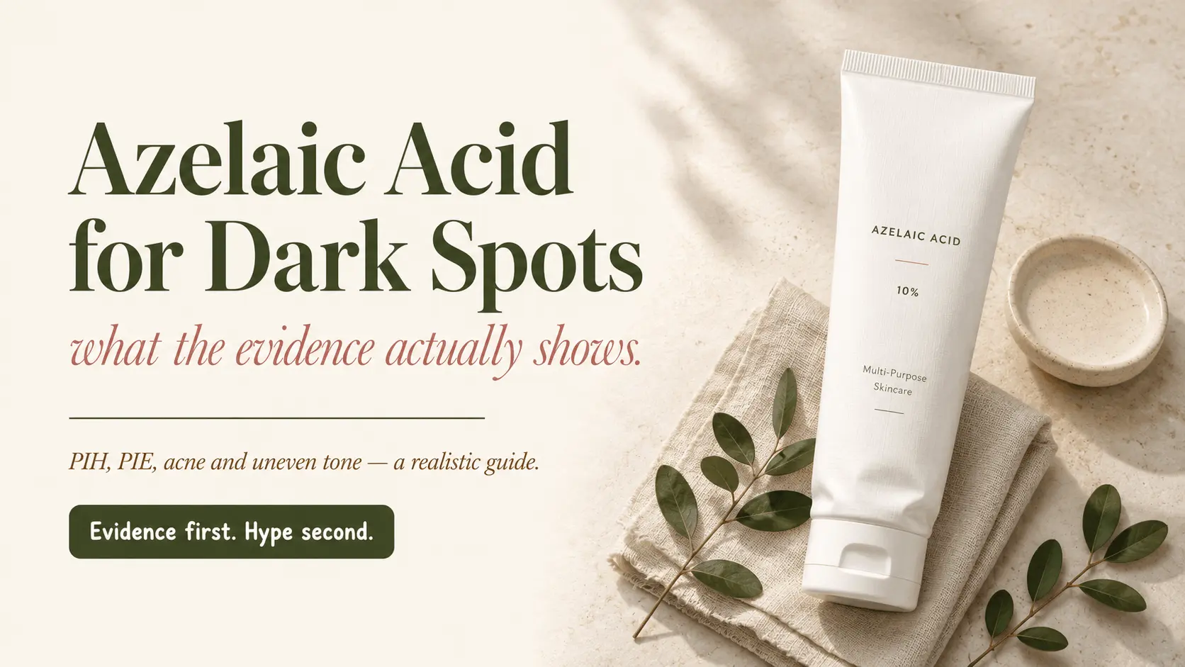 Generic tube labeled azelaic acid 15 percent gel on warm stone with greenery and cream fabric