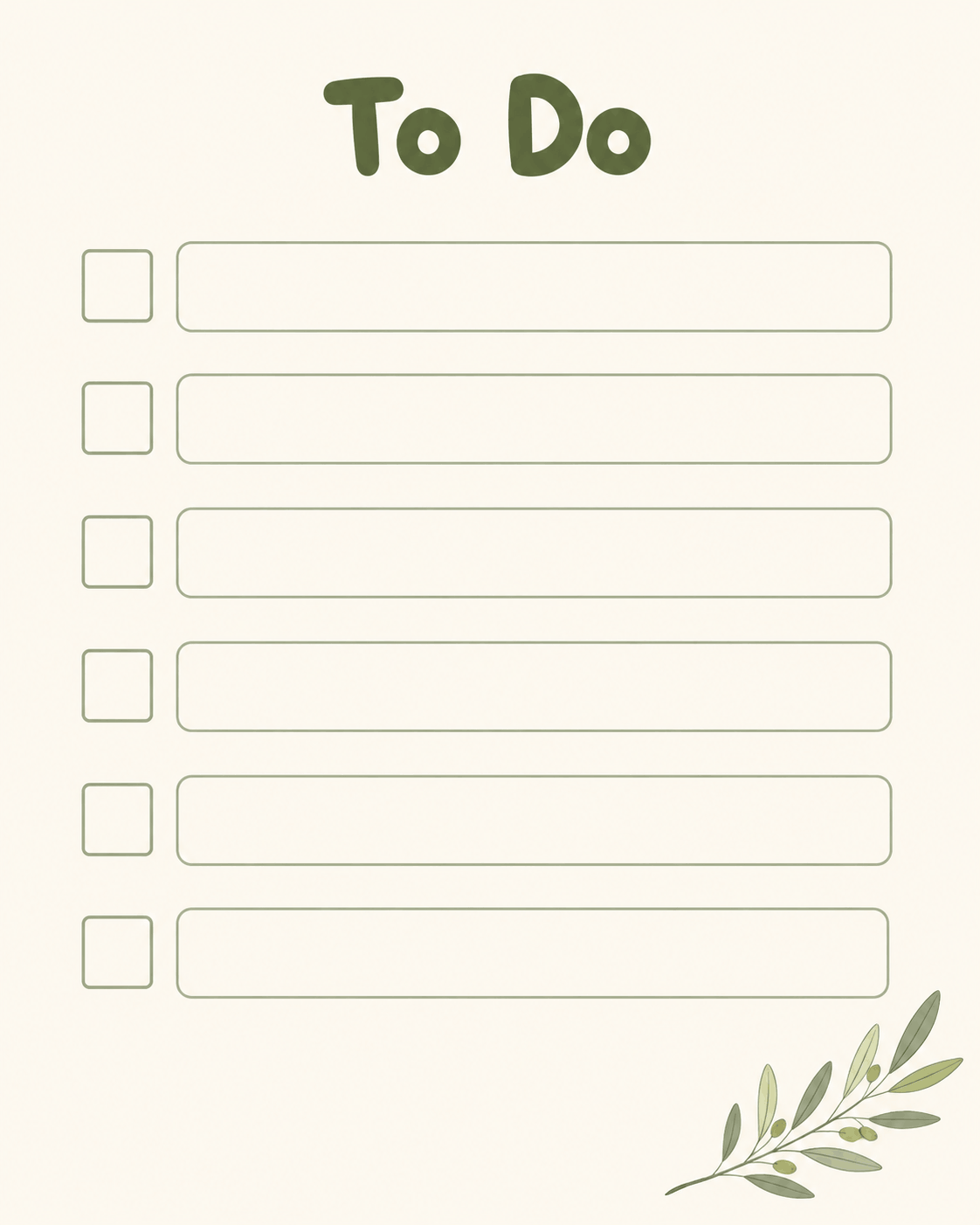 Botanical olive green to-do list printable with six checkbox rows