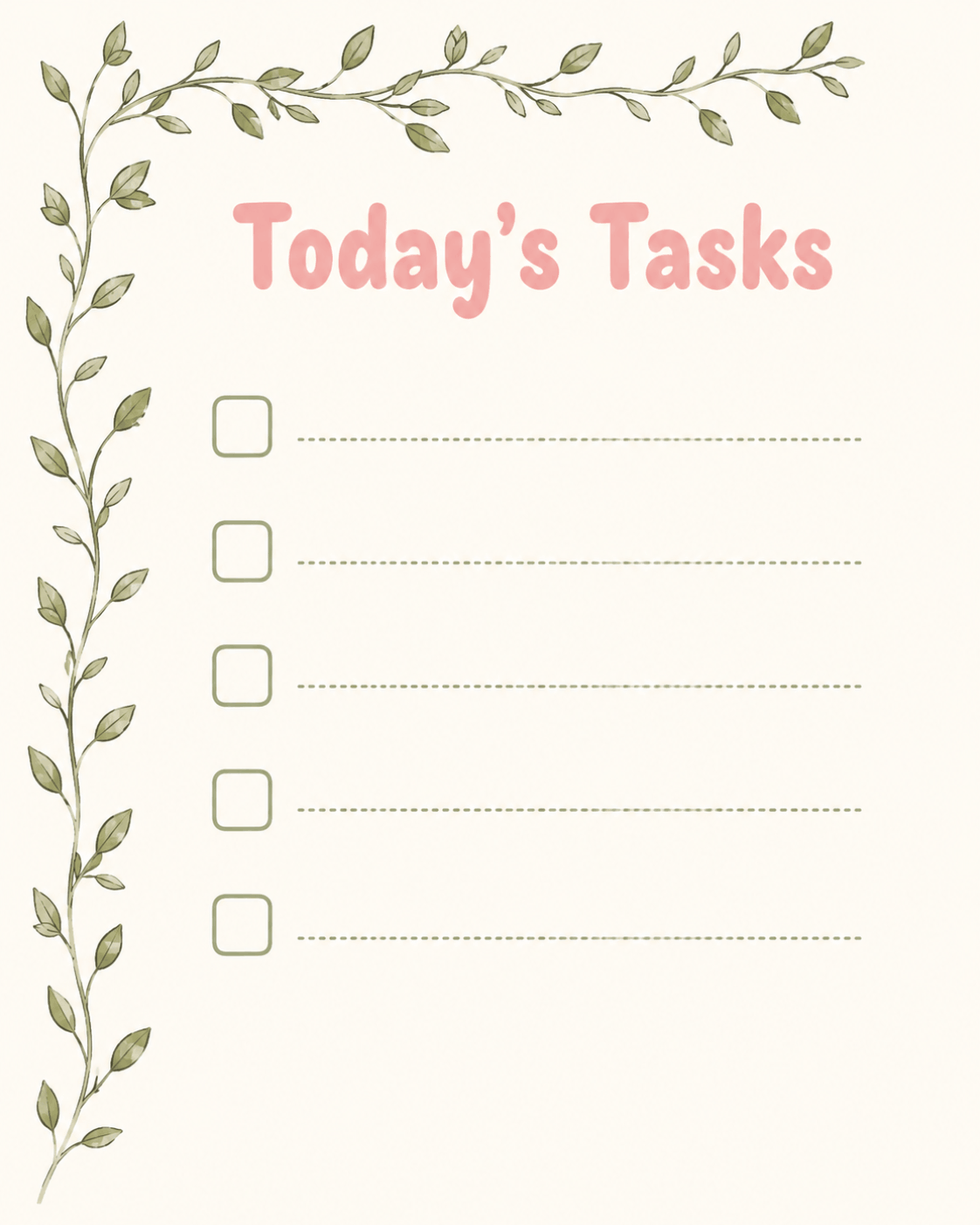Today’s Tasks botanical printable with five checkboxes and leafy vine border
