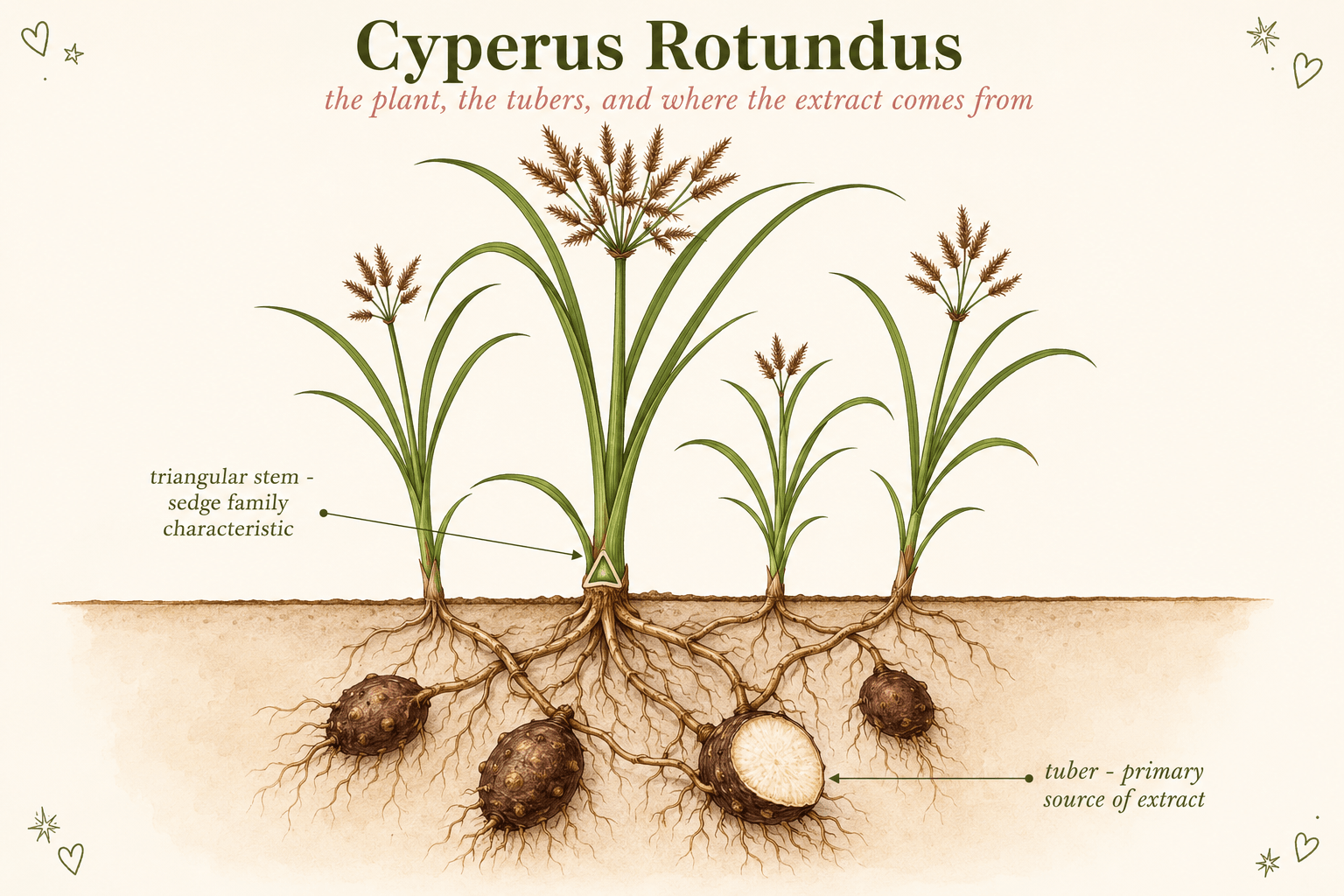 Editorial botanical illustration inspired by purple nutsedge or nutgrass