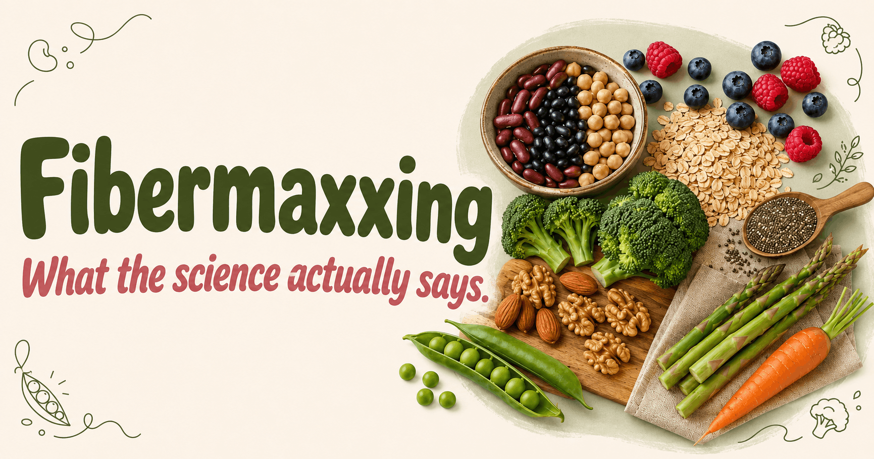 Editorial illustration of beans, berries, oats, vegetables, seeds, and whole grains representing fibermaxxing
