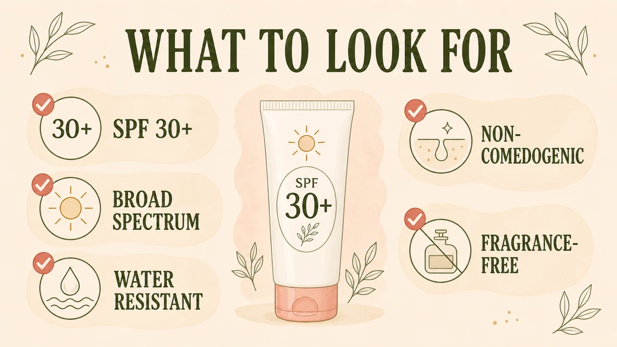 Sunscreen checklist with SPF 30+, broad-spectrum, water-resistant, non-comedogenic, and fragrance-free features