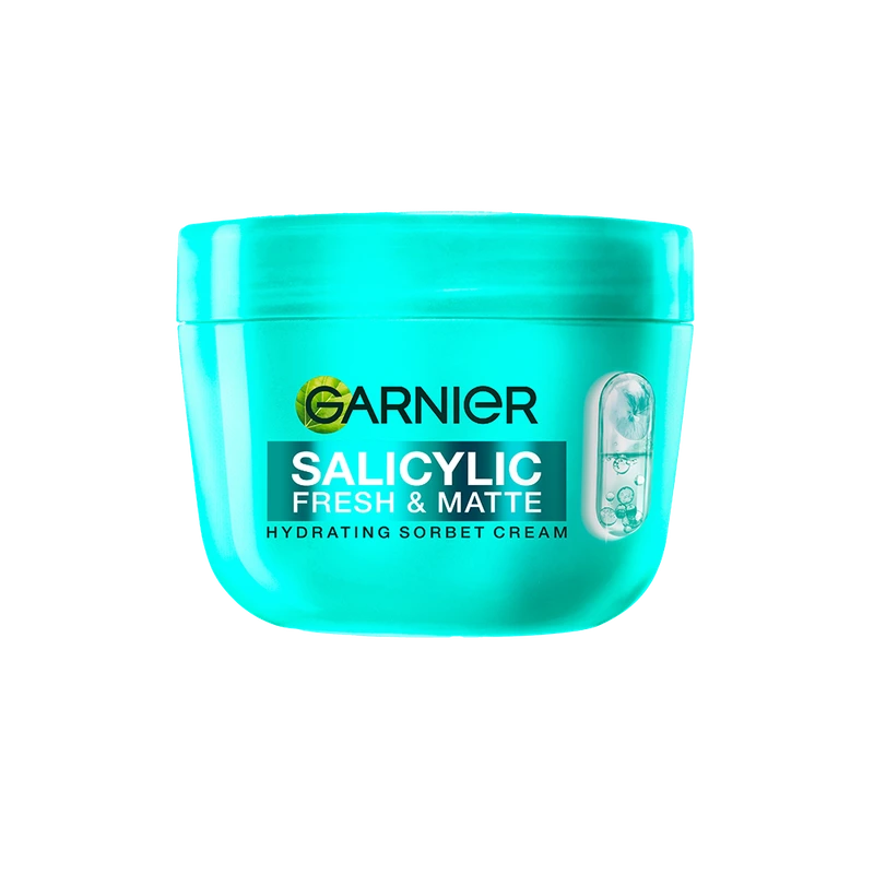 Official turquoise Garnier Salicylic Fresh and Matte Hydrating Sorbet Cream jar