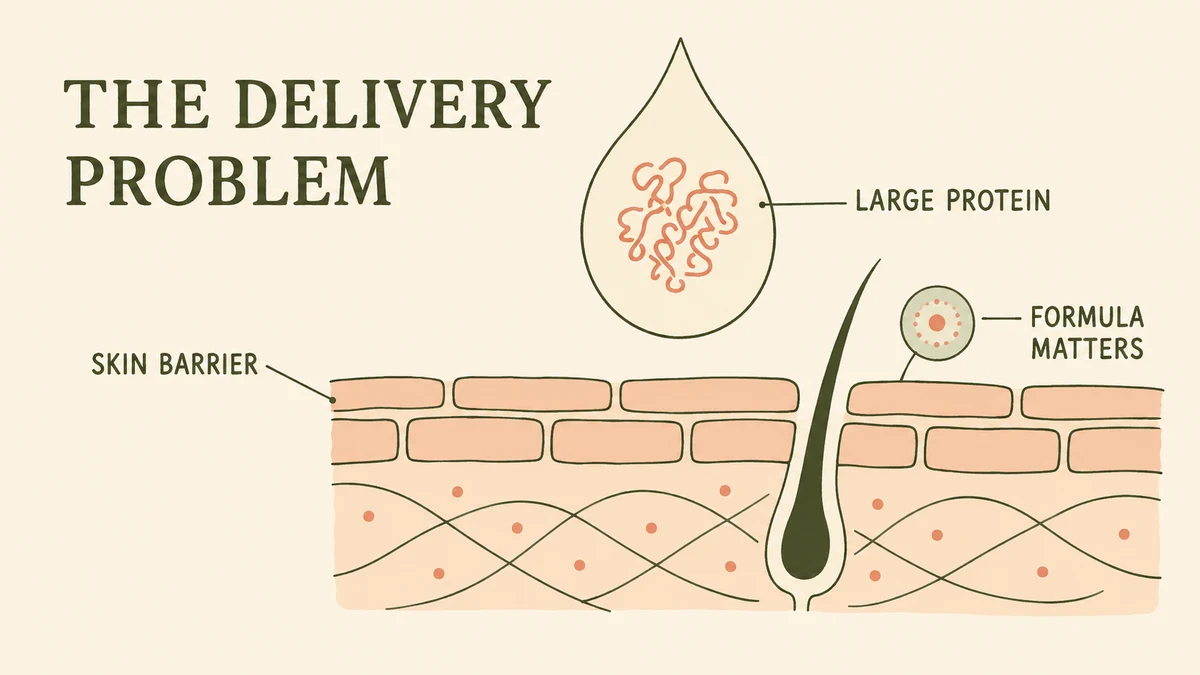 Growth factor serum delivery problem showing a large protein, the outer skin barrier, and why formulation matters