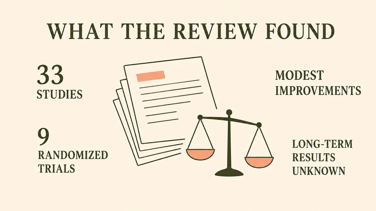 Systematic review of growth factor skincare showing 33 studies, 9 randomized trials, modest improvements, and unknown long-term results