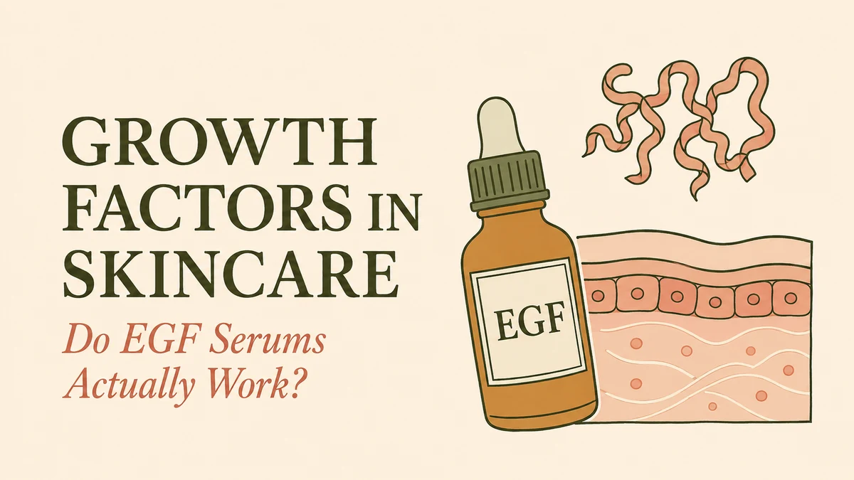 Growth factors in skincare with an EGF serum, signaling protein, and illustrated skin layers