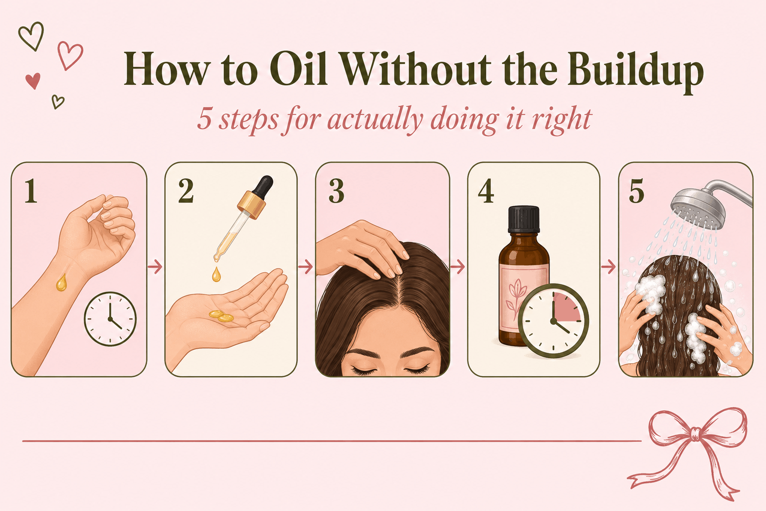 Five-step safe pre-wash hair oil routine: patch test, use less, target the problem, follow timing, and wash thoroughly