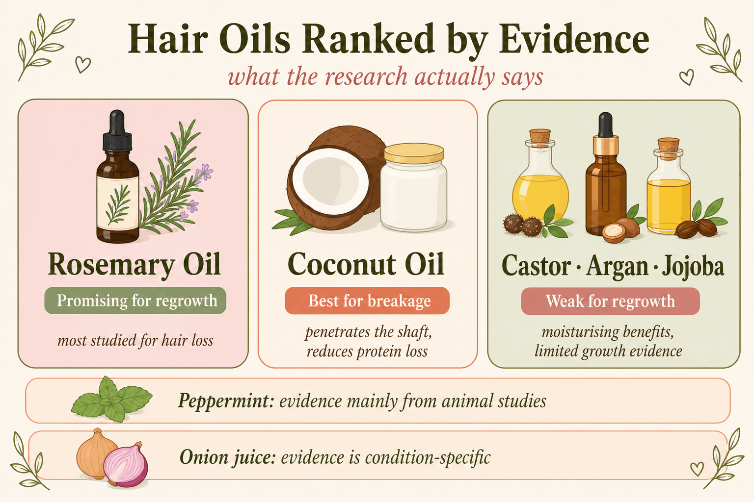Rosemary, coconut, castor, argan, and jojoba hair oils ranked by scientific evidence