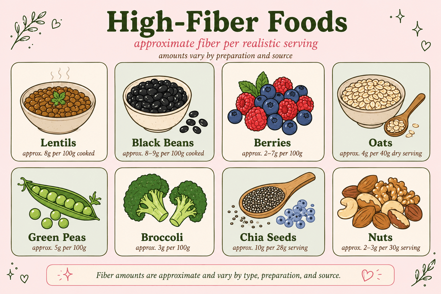Visual guide to high-fiber foods including lentils, beans, berries, oats, peas, broccoli, chia seeds, and nuts