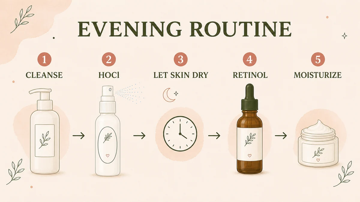 Five-step evening routine: cleanse, spray hypochlorous acid, let skin dry, apply retinol, then moisturize