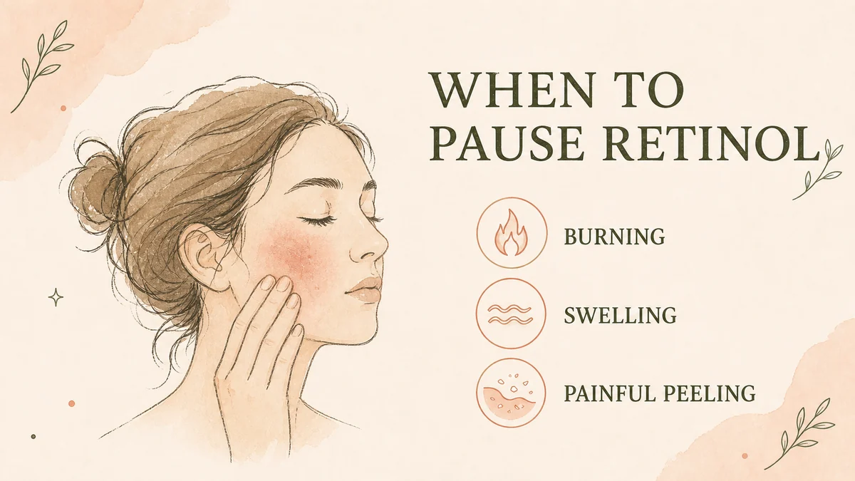 Continue retinol on calm dry skin and pause it for burning, peeling, or swelling