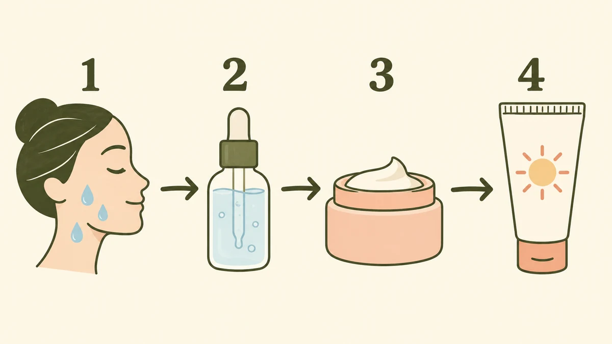 Four-step hyaluronic acid routine with damp skin, HA serum, moisturizer, and sunscreen