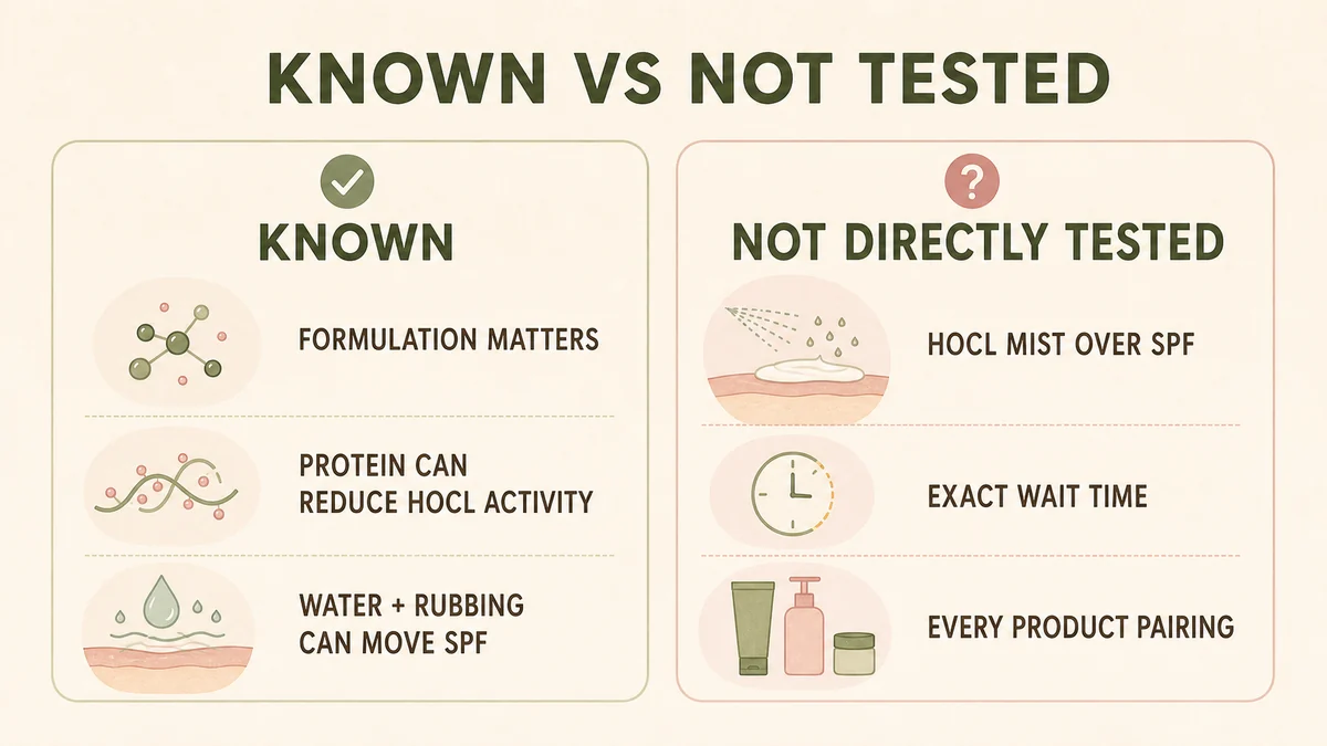 Known evidence versus untested questions for hypochlorous acid mist over sunscreen