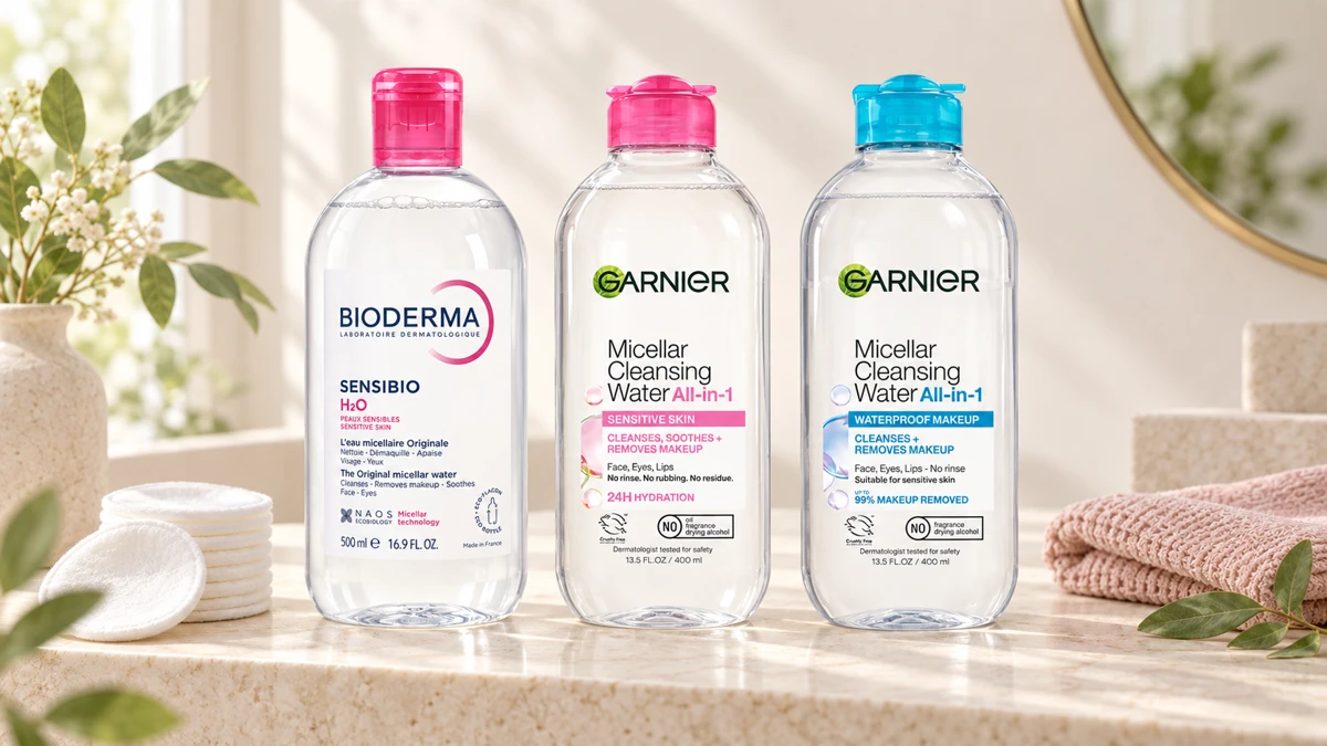 AI-styled arrangement of Bioderma Sensibio H2O, Garnier SkinActive Micellar Cleansing Water All-in-1, Garnier SkinActive Micellar Cleansing Water All-in-1 Waterproof