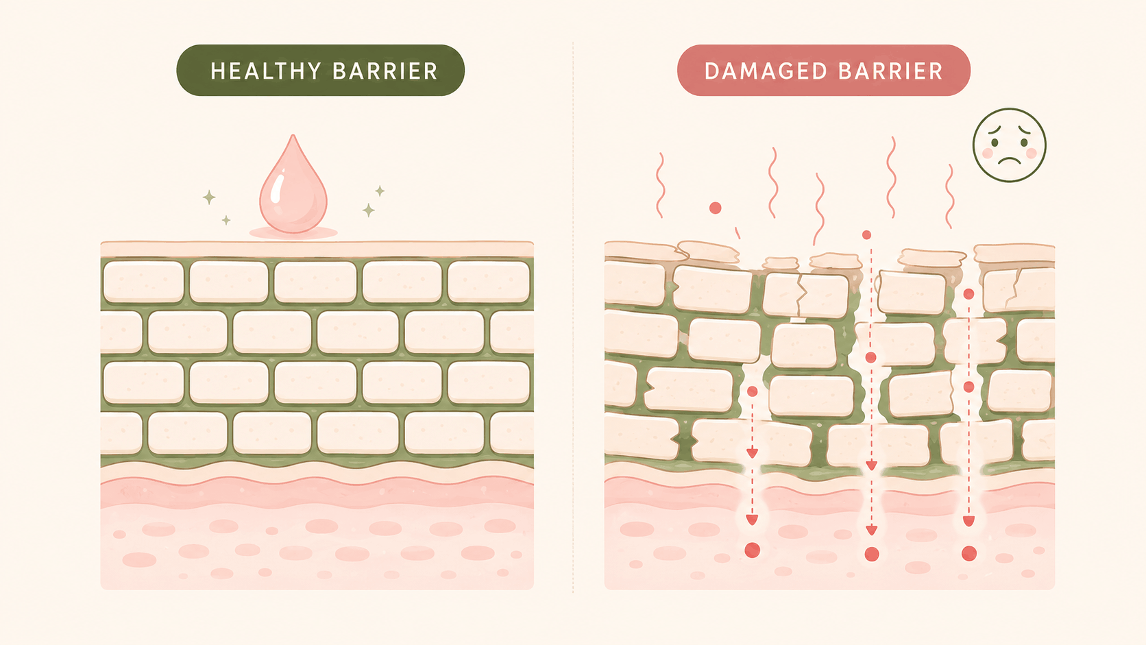 Damaged skin barrier diagram showing how irritants can pass through and make moisturizer burn.