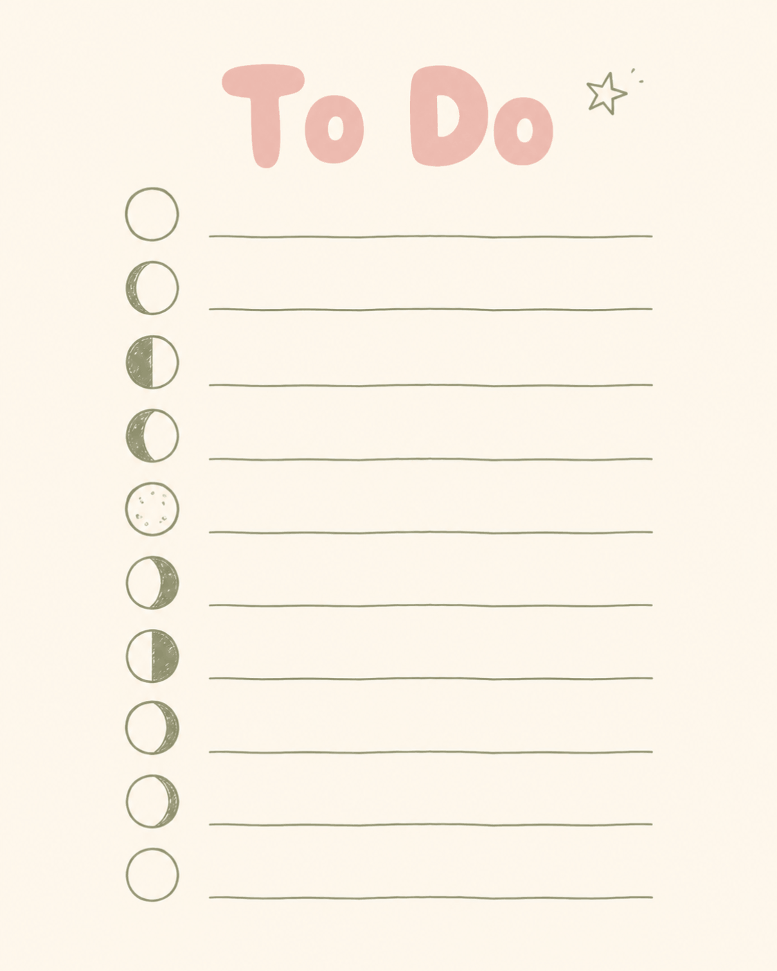 Moon phase to-do list printable with ten writing lines and pink title
