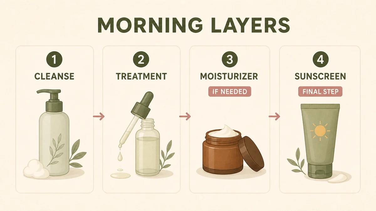 Morning skincare layers with optional moisturizer and sunscreen as the final step