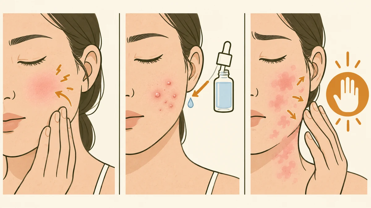 Three possible reaction patterns after a serum: temporary redness, acne-like bumps, and a spreading itchy rash