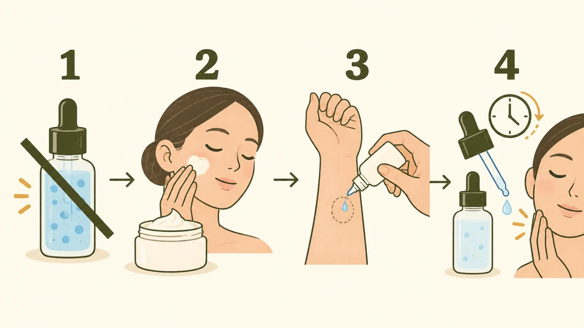 Four-step niacinamide troubleshooting routine: stop serum, moisturize, patch test, and slowly retry a lower concentration