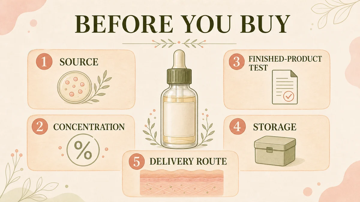 Five checks before buying PDRN or exosome serum: source, concentration, finished-product testing, storage, and delivery route