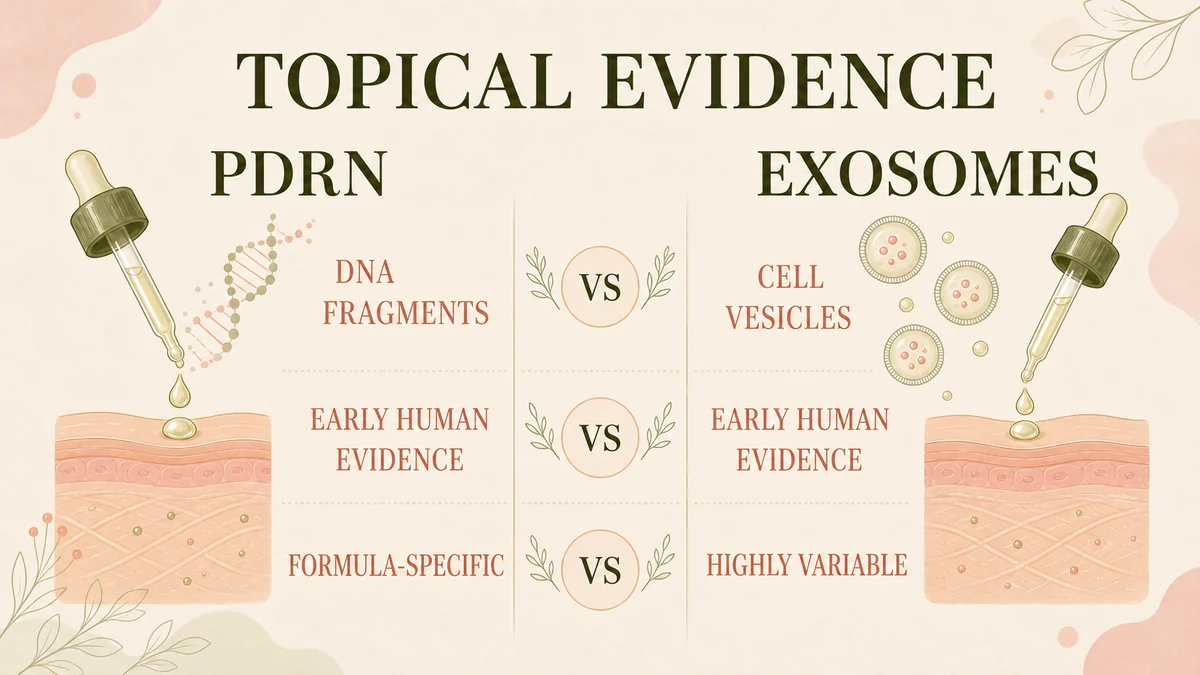 Topical PDRN and exosome evidence comparison showing early human evidence and formula variability
