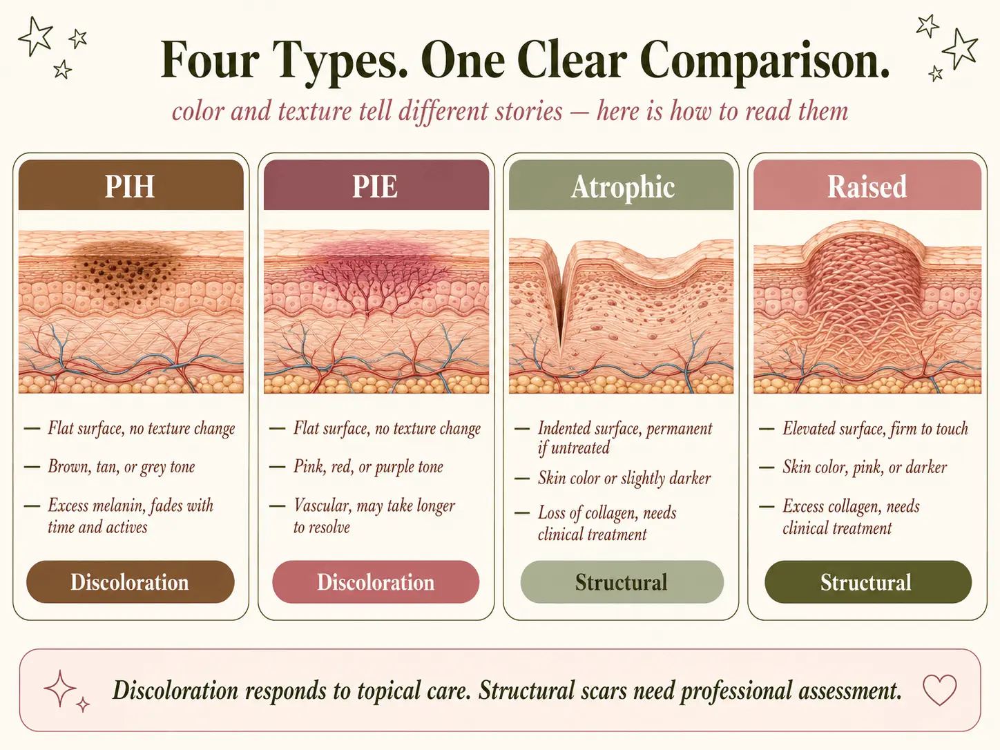 Visual comparison of PIH, PIE, atrophic acne scars and raised scars that may be hypertrophic or keloidal