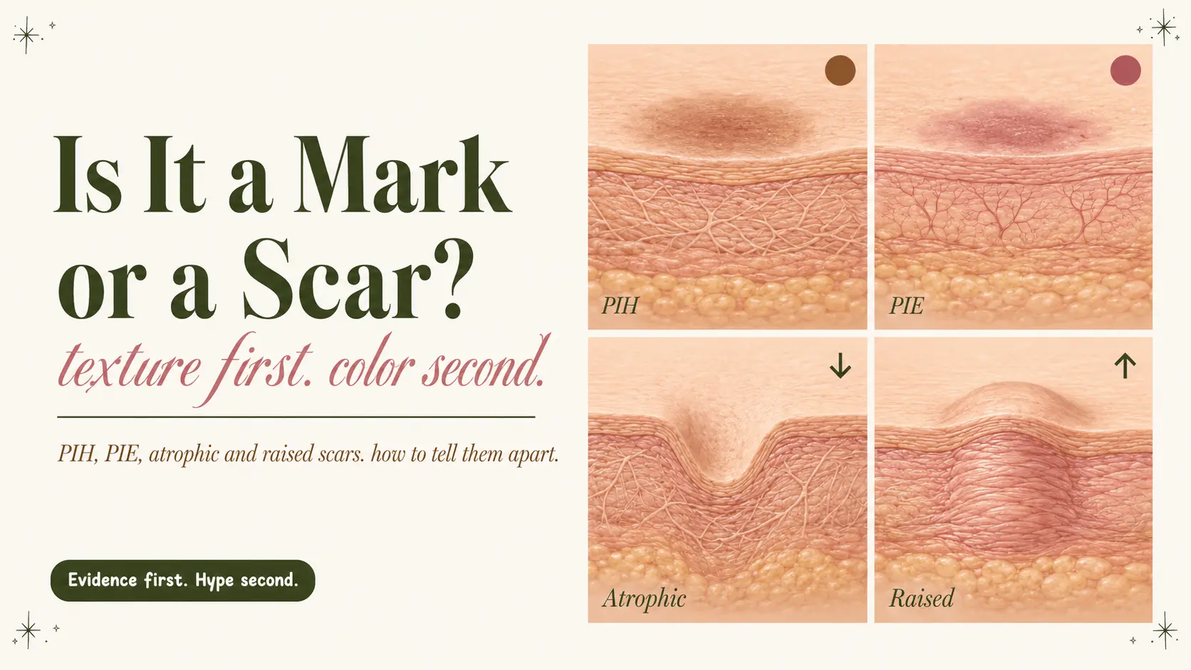 PIH, PIE, atrophic acne scars and raised scars compared using texture first and color second