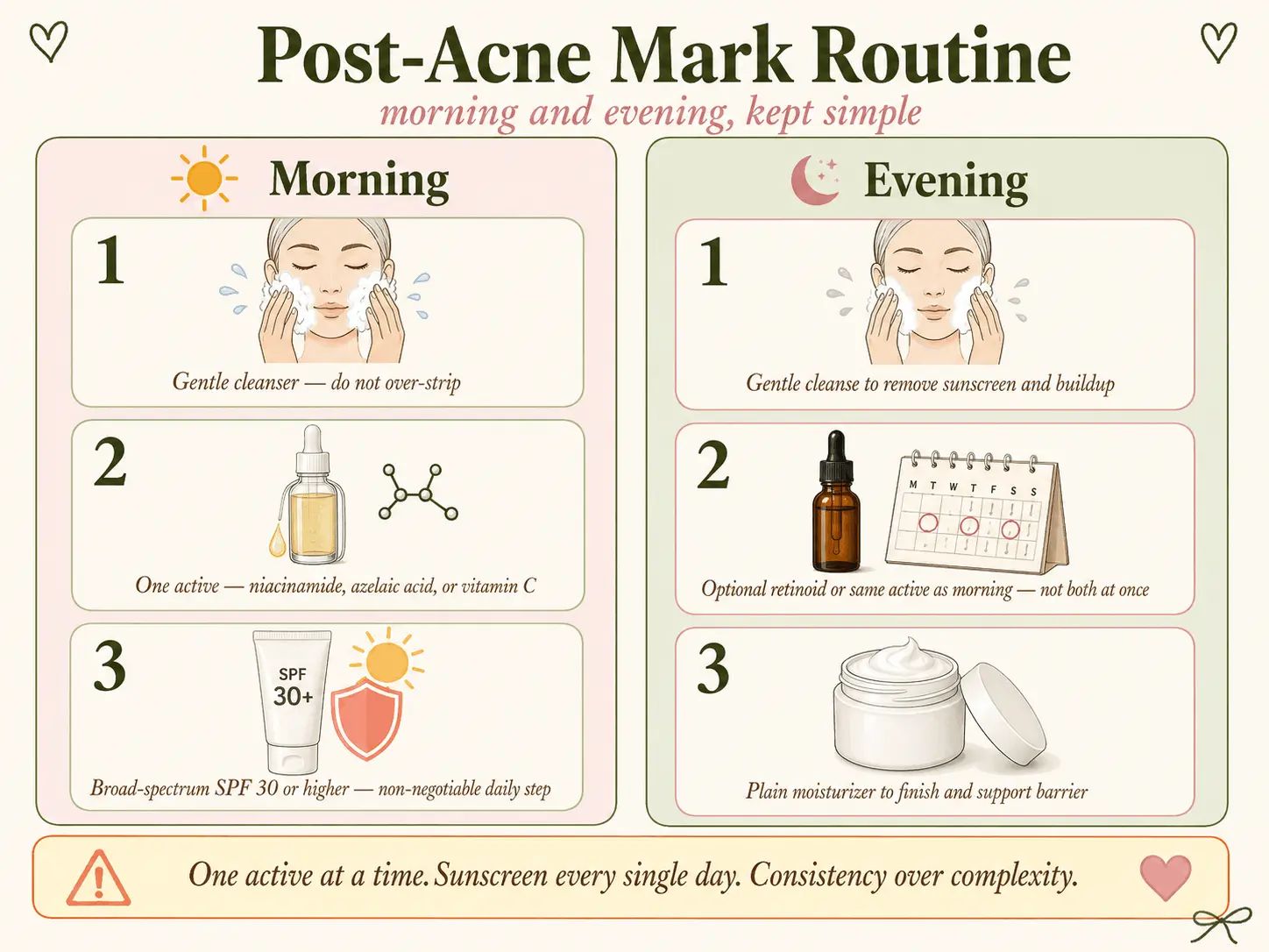 Morning and night routine for fading post-acne dark spots without irritation