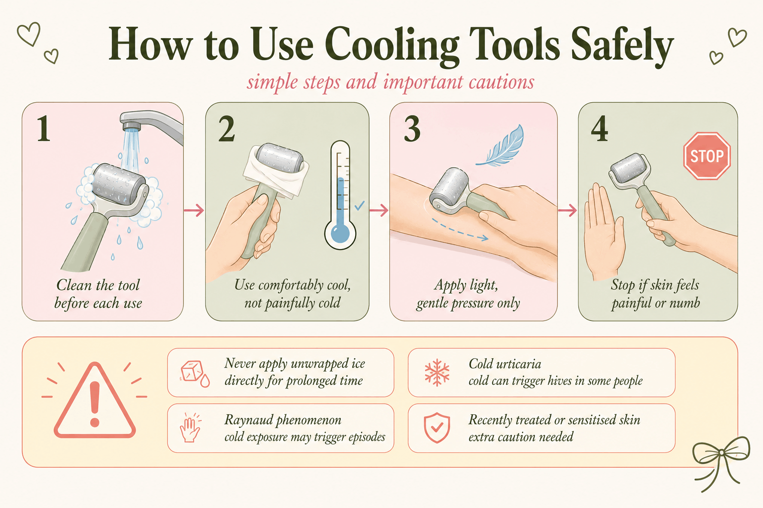 Safe cooling skincare routine with a clean tool, cloth barrier, short application and skin check