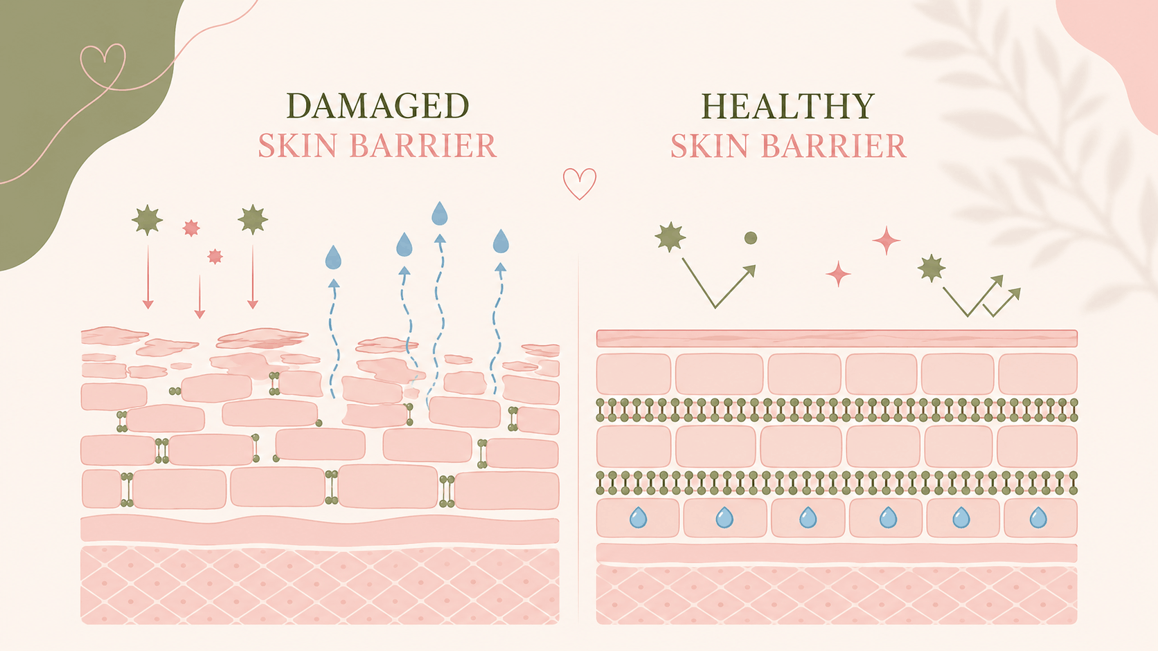 Simple horizontal illustration of damaged and healthy skin barrier layers, water loss, lipids, and irritants