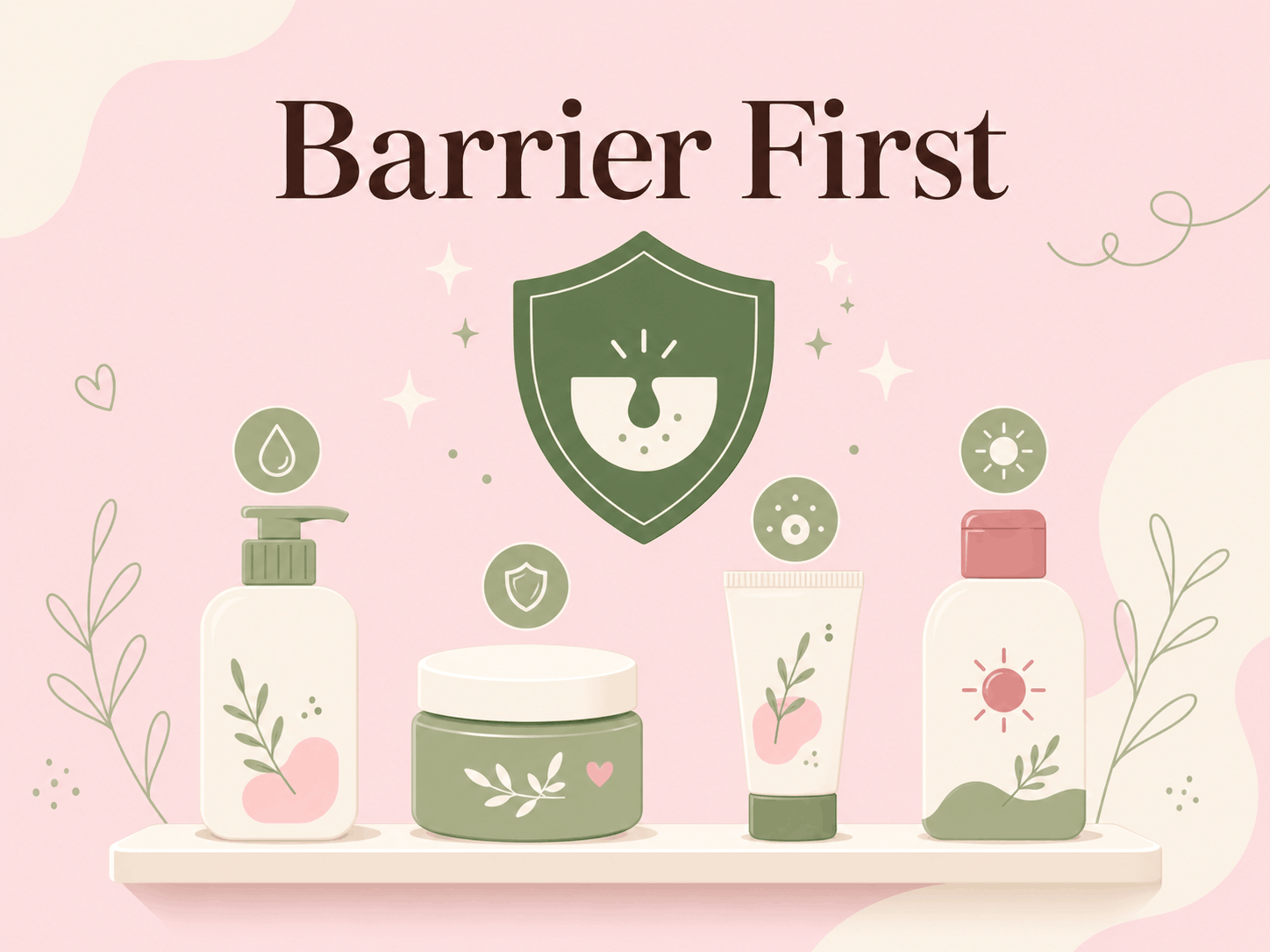 Barrier-first acne routine showing four steps: pause irritants, gentle cleanser, rebuild barrier, restart acne treatment