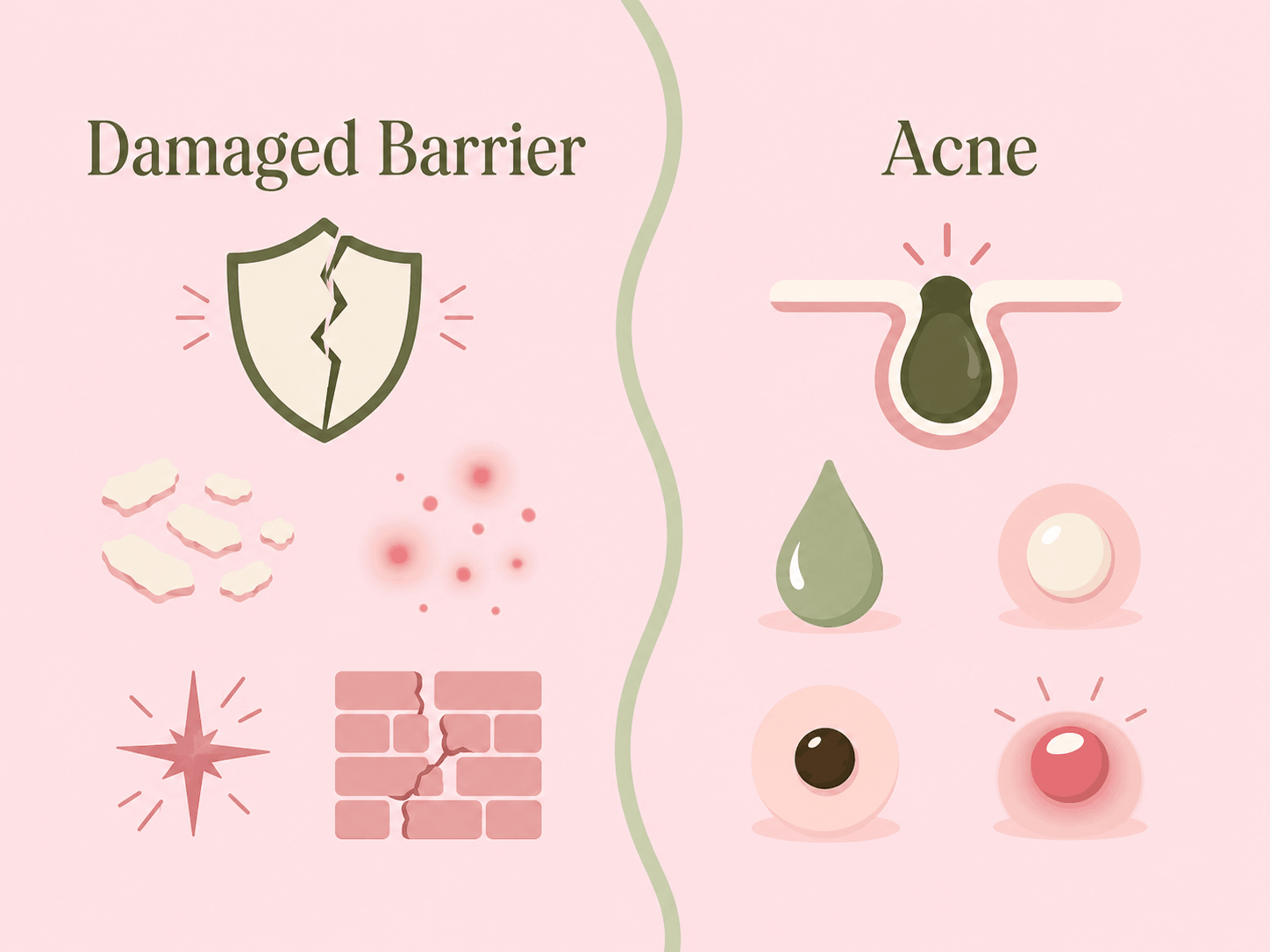 Visual checklist showing signs of damaged skin barrier versus signs of acne