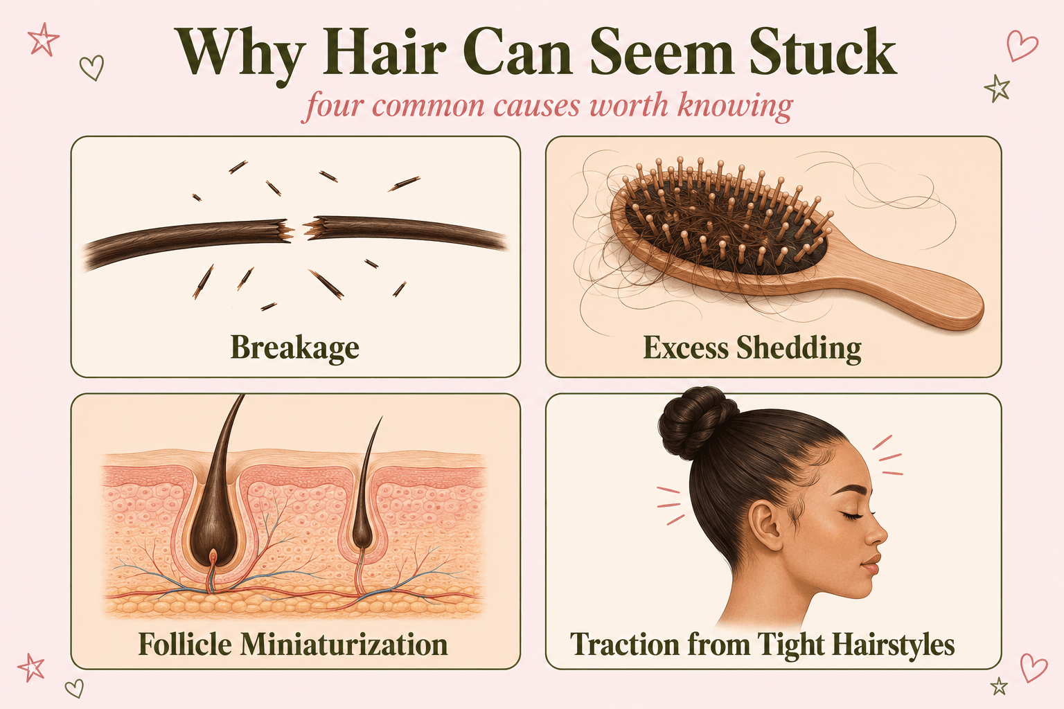 Four causes of hair that seems to grow slowly: breakage, excessive shedding, follicle miniaturization, and traction