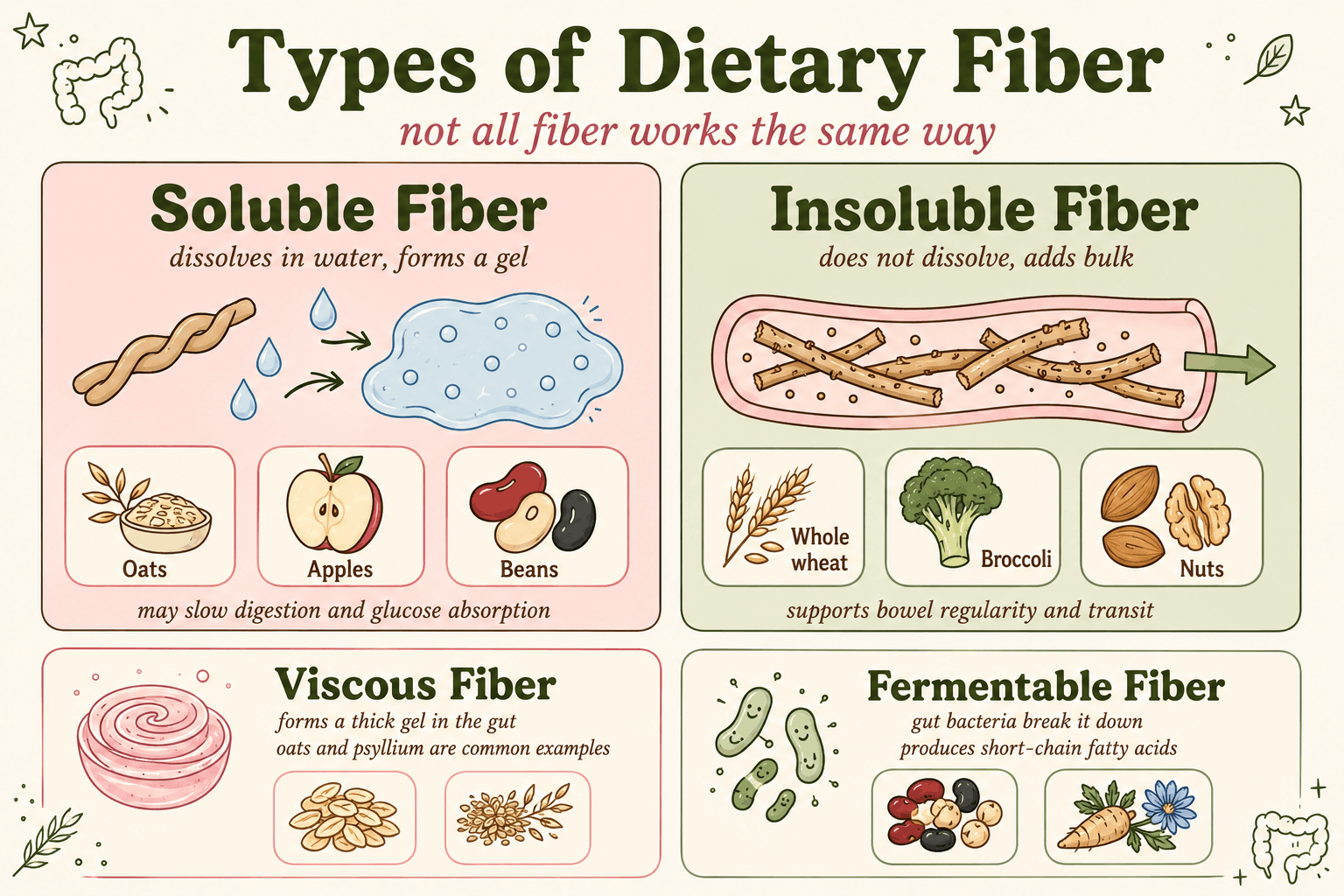 Simple comparison of soluble, insoluble, viscous, and fermentable dietary fiber