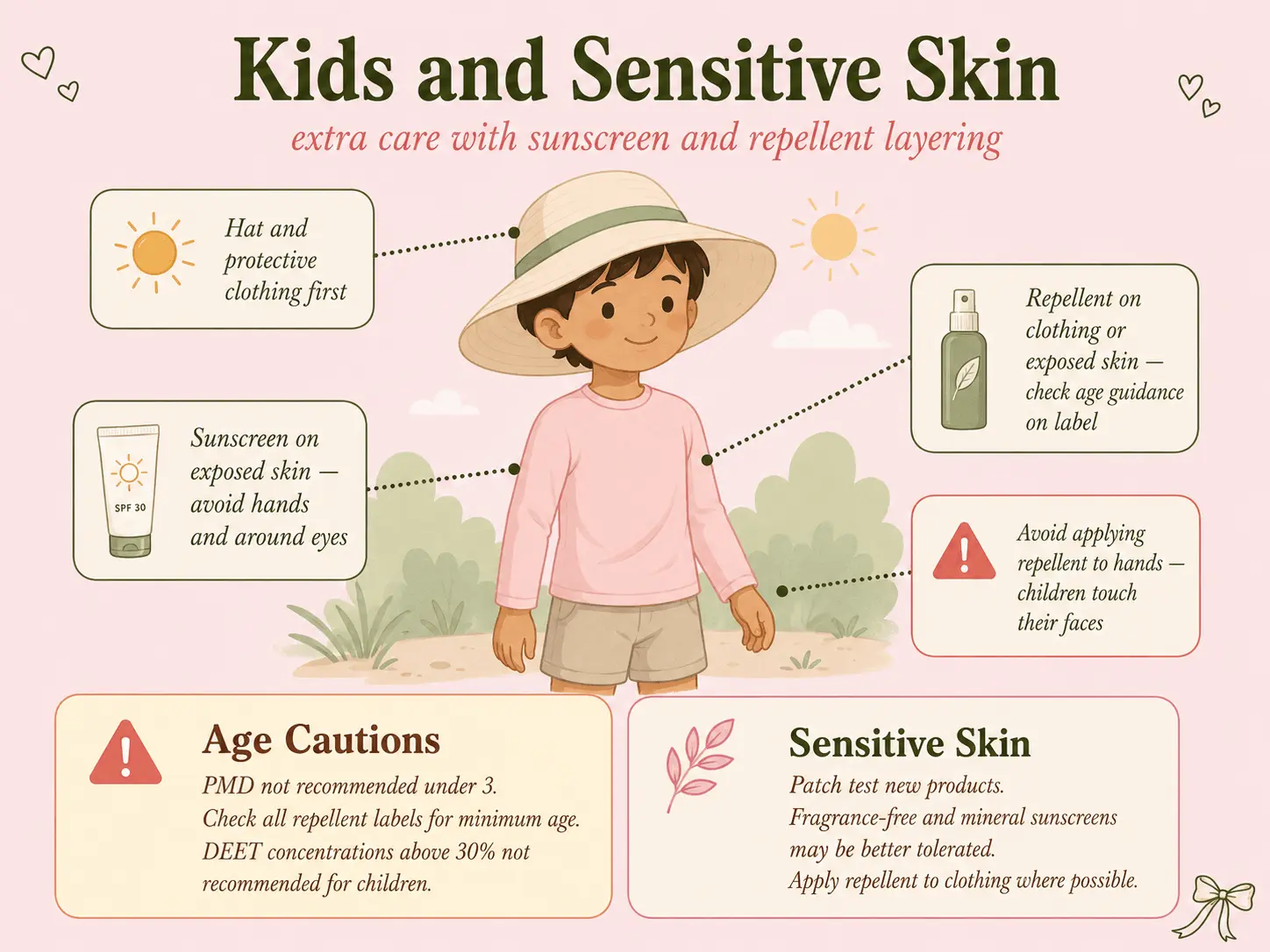 Child sun protection setup with sunscreen, insect repellent, hat and protective clothing