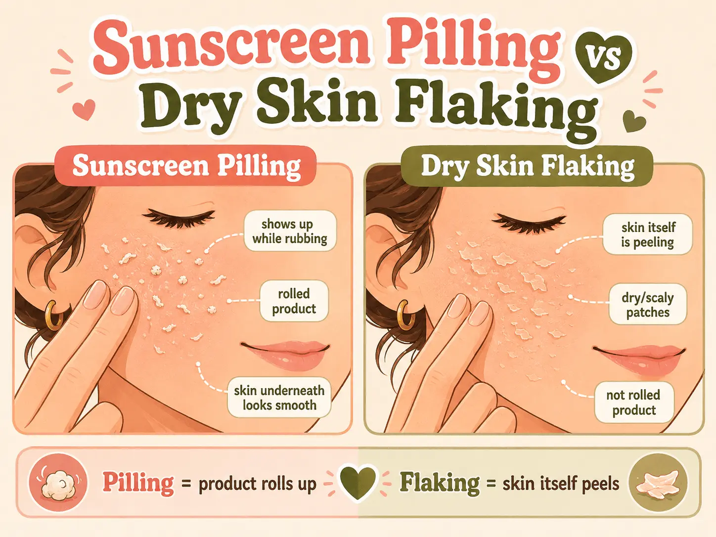 Sunscreen pilling versus dry skin flaking visual comparison