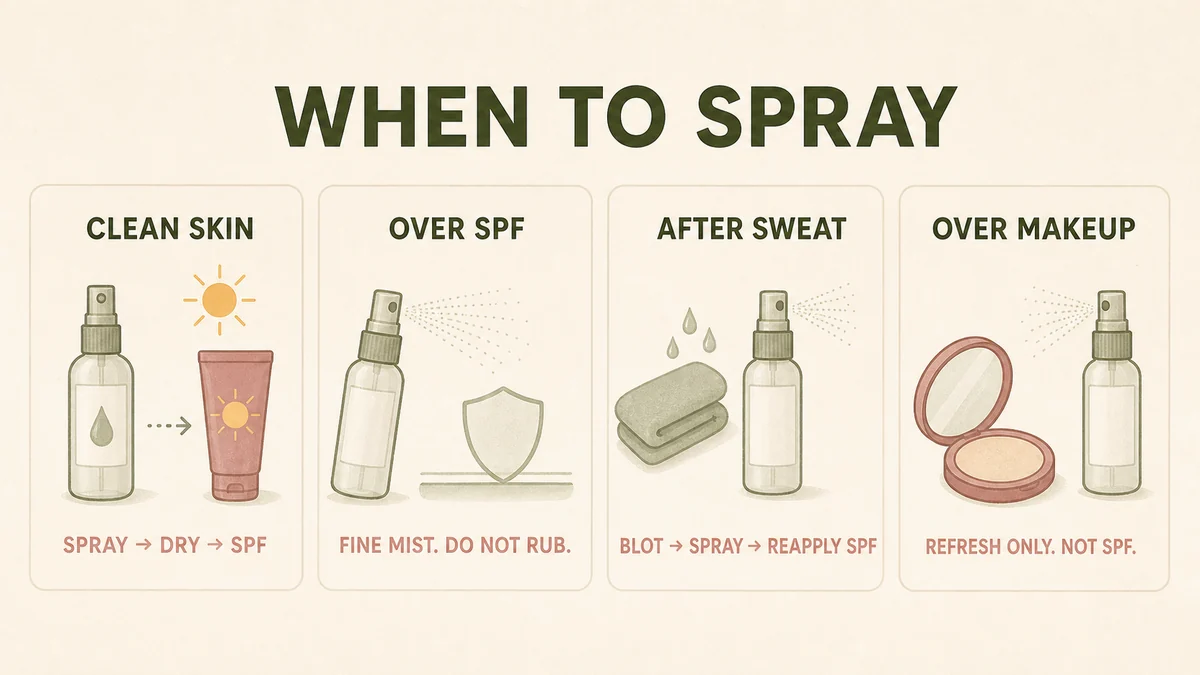 When to spray hypochlorous acid before sunscreen over SPF after sweat and over makeup